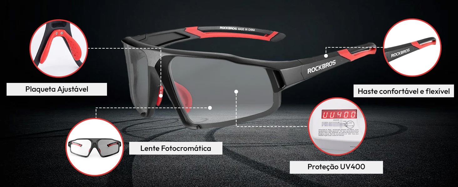 Detalhes do óculos de ciclismo fotocromático rockbros modelo orion
